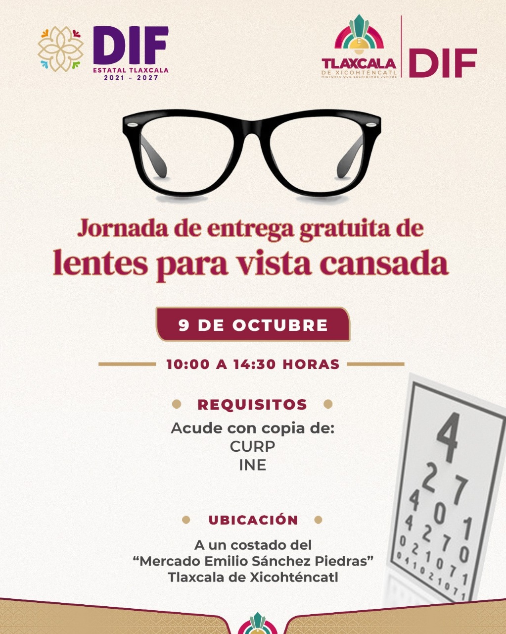 Invita DIF municipal de Tlaxcala a la jornada de entrega gratuita de lentes en la explanada del mercado